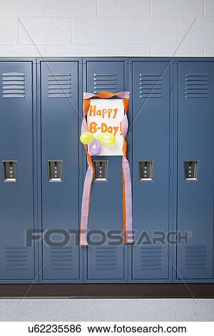 Stock Photograph - USA, Illinois, Metamora, Happy birthday message on lockers in school. Fotosearch
