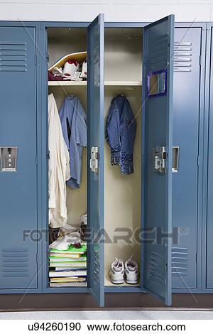 Stock Image - USA, Illinois, Metamora, Open lockers in school. Fotosearch