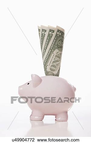 Stock Image - USA, Illinois, Metamora, Piggy bank with US paper money. Fotosearch