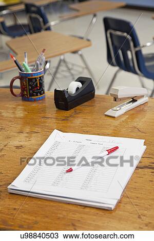 USA, Illinois, Metamora, Stationery on teachers desk in classroom View Large Photo Image Stock Image - USA, Illinois, Metamora, Stationery on teachers desk in classroom. Fotosearch