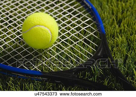Stock Image - USA, Illinois, Metamora, Tennis ball and tennis racket on grass. Fotosearch