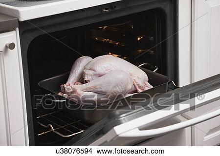 Picture - USA, Illinois, Metamora, Turkey in oven. Fotosearch