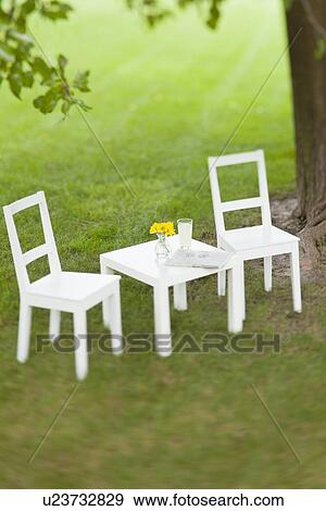 Stock Photo - USA, Illinois, Metamora, White table with chairs and yellow flowers. Fotosearch