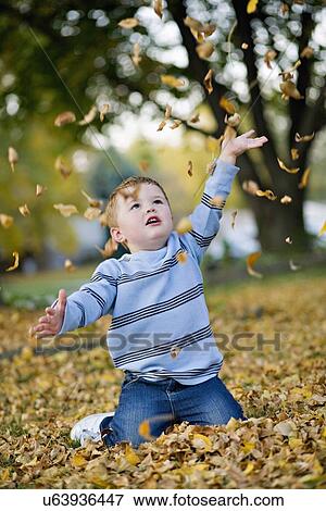 Stock Photo - USA, Illinois, Washington, Boy (2-3) playing with Autumn leaves in park. Fotosearch