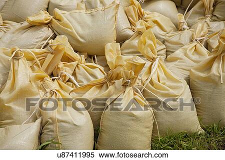 USA, Missouri, Flood sandbags View Large Photo Image Stock Photography - USA, Missouri, Flood sandbags. Fotosearch