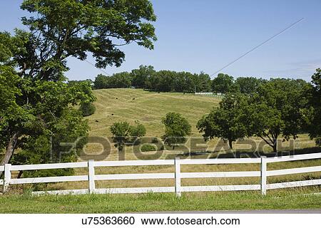 Stock Image - USA, Missouri, White fence on field. Fotosearch