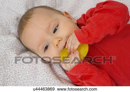 7 month old baby girl in crib with teething ring in her mouth View Large Photo Image Stock Photo - 7 month old baby girl in crib with teething ring in her mouth. Fotosearch