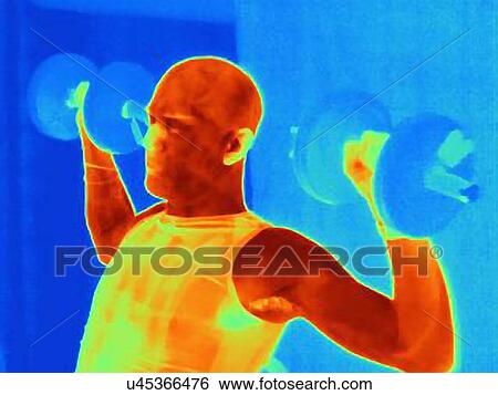 Close up thermal image of young male training with barbell. The image shows the heat produced by the muscles View Large Photo Image Stock Photograph - Close up thermal image of young male training with barbell. The image shows the heat produced by the muscles. Fotosearch