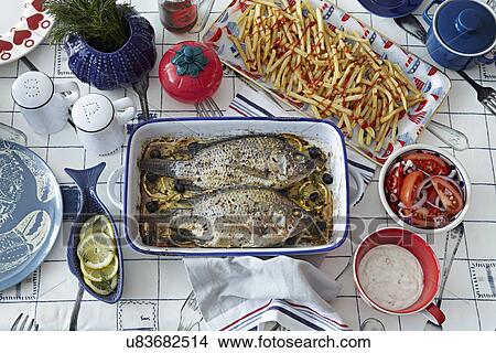 Fresh fish with chips and condiments View Large Photo Image Picture - Fresh fish with chips and condiments. Fotosearch