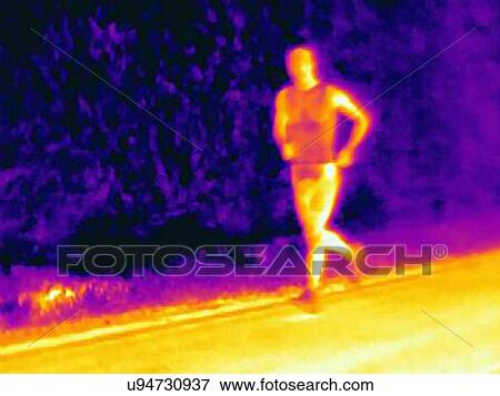 Stock Photo - Front view thermal photograph of young male athlete running. The image shows the heat of the muscles. Fotosearch