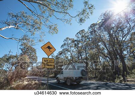 Stock Image - Kangaroo warning roadsign, New South Wales, Australia. Fotosearch