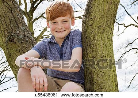 Stock Image - Portrait of boy sitting in tree. Fotosearch