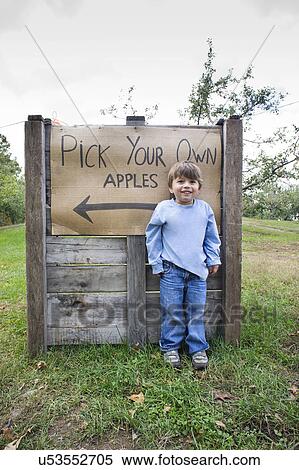 Portrait of cute boy in front of pick your own sign View Large Photo Image Stock Photography - Portrait of cute boy in front of pick your own sign. Fotosearch