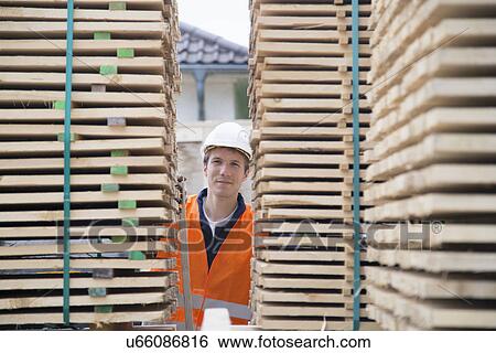 Portrait of young male worker between pallet stacks in timber yard View Large Photo Image Stock Photograph - Portrait of young male worker between pallet stacks in timber yard. Fotosearch