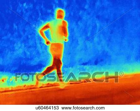 Stock Image - Rear view thermal photograph of young male athlete running. The image shows the heat of the muscles. Fotosearch