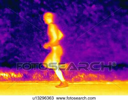 Stock Image - Side view thermal photograph of young male athlete running. The image shows the heat of the muscles. Fotosearch