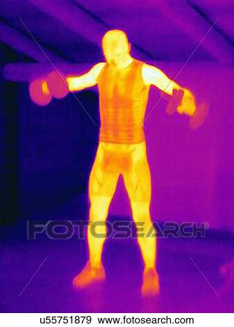 Stock Photo - Thermal image of man training with barbells. The image shows the heat produced by the muscles. Fotosearch
