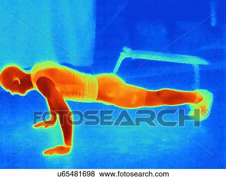 Thermal image of young man doing push ups. The image shows the heat produced by the muscles View Large Photo Image Stock Photo - Thermal image of young man doing push ups. The image shows the heat produced by the muscles. Fotosearch