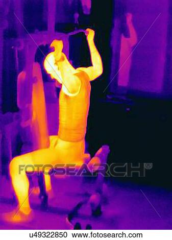 Thermal image of young man training on exercise machine. Image shows the heat produced by the muscles during training View Large Photo Image Stock Image - Thermal image of young man training on exercise machine. Image shows the heat produced by the muscles during training. Fotosearch