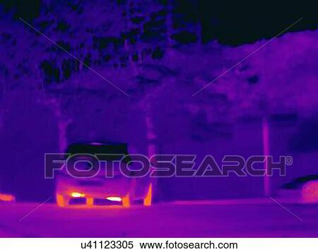 Stock Photography - Thermal image revealing the heat of the exhaust and tyres of a speeding car. Fotosearch