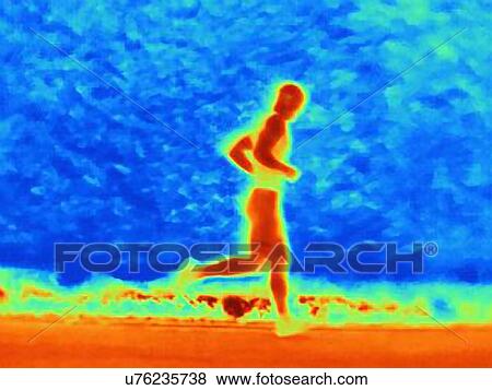 Stock Photo - Thermal photograph of young male athlete running. The image shows the heat of the muscles. Fotosearch