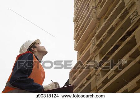 Young male worker with clipboard looking up at pallet tower in timber yard View Large Photo Image Picture - Young male worker with clipboard looking up at pallet tower in timber yard. Fotosearch