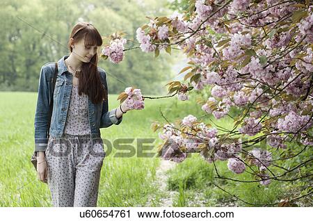 Young woman strolling in field touching blossoms View Large Photo Image Stock Image - Young woman strolling in field touching blossoms. Fotosearch