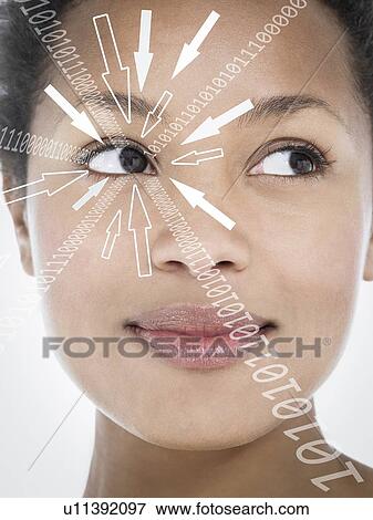 Close-up of smiling businesswoman with binary digits and arrow signs moving towards her eye against white background View Large Photo Image Stock Photo - Close-up of smiling businesswoman with binary digits and arrow signs moving towards her eye against white background. Fotosearch