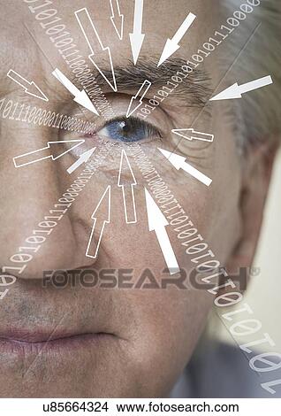 Close-up portrait of businessman with binary digits and arrow signs moving towards his eye View Large Photo Image Picture - Close-up portrait of businessman with binary digits and arrow signs moving towards his eye. Fotosearch