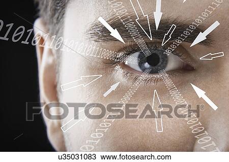 Close-up portrait of businessman with binary digits and arrow signs moving towards his eye against black background View Large Photo Image Stock Image - Close-up portrait of businessman with binary digits and arrow signs moving towards his eye against black background. Fotosearch