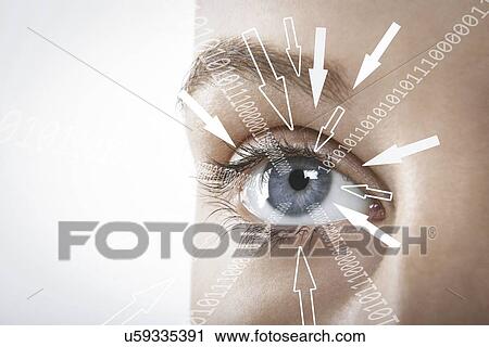 Cropped image of businesswoman with binary digits and arrow signs moving towards her eye against white background View Large Photo Image Stock Image - Cropped image of businesswoman with binary digits and arrow signs moving towards her eye against white background. Fotosearch