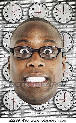 Headshot of worried man wearing glasses with various time zone clocks in background View Large Photo Image Stock Photograph - Headshot of worried man wearing glasses with various time zone clocks in background. Fotosearch