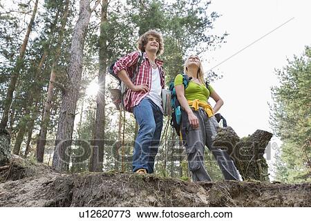 Low angle view of hiking couple standing on cliff in forest View Large Photo Image Stock Image - Low angle view of hiking couple standing on cliff in forest. Fotosearch