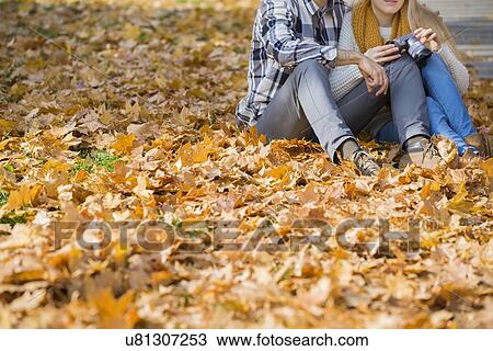 Low section of couple with camera sitting on autumn leaves in park View Large Photo Image Stock Image - Low section of couple with camera sitting on autumn leaves in park. Fotosearch