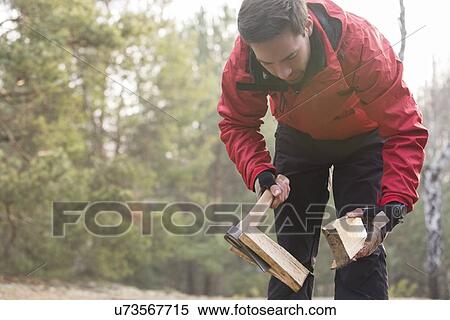 Stock Photography - Male hiker cutting firewood in forest. Fotosearch
