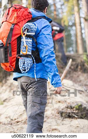 Stock Photo - Rear view of male hiker with backpack standing in forest. Fotosearch