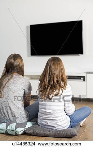 Rear view of sisters watching TV at home View Large Photo Image Picture - Rear view of sisters watching TV at home. Fotosearch