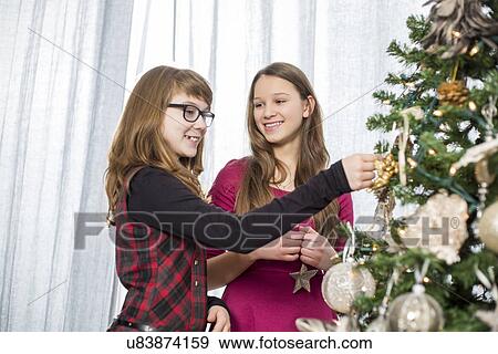Sisters decorating on Christmas tree at home View Large Photo Image Stock Photo - Sisters decorating on Christmas tree at home. Fotosearch