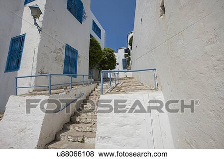 Stock Photo - Traditional houses and staircases, Tunis, Tunisia. Fotosearch