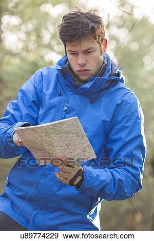 Young male hiker reading map in forest View Large Photo Image Stock Photo - Young male hiker reading map in forest. Fotosearch