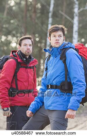 Young male hikers in forest View Large Photo Image Stock Photo - Young male hikers in forest. Fotosearch