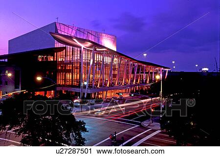 Stock Image - Stock photo of a night view of the Hobby Center in downtown Houston Texas. Fotosearch
