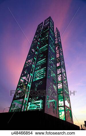 Picture - Stock photo of the Seven Wonders sculpture designed by Mel Chin, and 1, 050 local school children, located outside the Wortham Theater along Buffalo Bayou in Houston Texas. Fotosearch