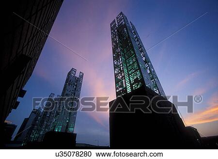 Stock Image - Stock photo of the Seven Wonders sculpture designed by Mel Chin, and 1, 050 local school children, located outside the Wortham Theater along Buffalo Bayou in Houston Texas. Fotosearch