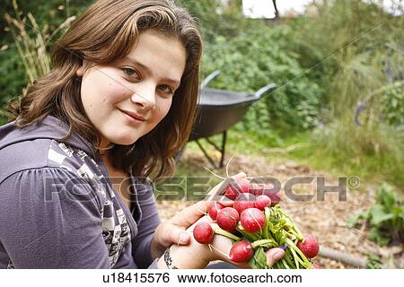 Stock Photograph - Girl vegetable gardening . Fotosearch