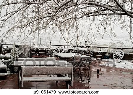 Snow covered patio View Large Photo Image Stock Photo - Snow covered patio . Fotosearch