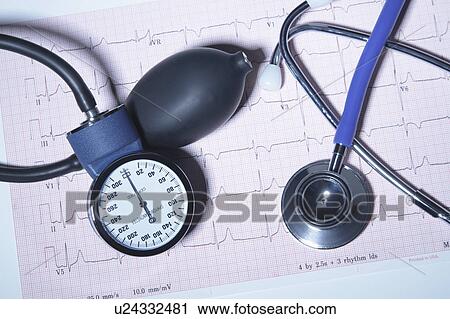 Acoustic stethoscope and blood pressure gauge on an electrocardiogram printout View Large Photo Image Stock Image - Acoustic stethoscope and blood pressure gauge on an electrocardiogram printout. Fotosearch