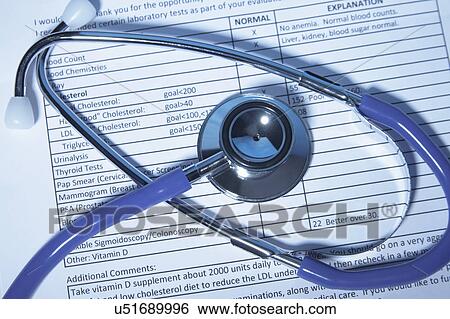 Acoustic stethoscope on the results of various tests done as part of a yearly health checkup View Large Photo Image Stock Photograph - Acoustic stethoscope on the results of various tests done as part of a yearly health checkup. Fotosearch