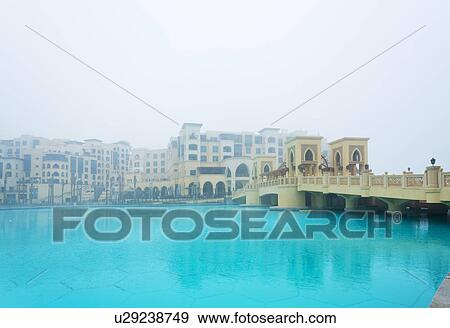 Stock Photo - Downtown Dubai, Burj Khalifa Lake, Old Town Island, Souk al Bahar, United Arab Emirates. Fotosearch