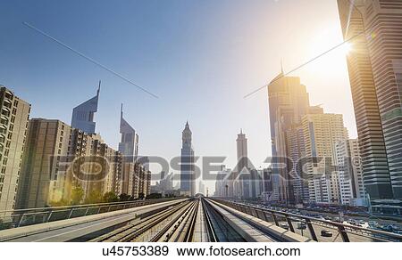 Downtown Dubai Metro rails, United Arab Emirates View Large Photo Image Stock Photo - Downtown Dubai Metro rails, United Arab Emirates. Fotosearch